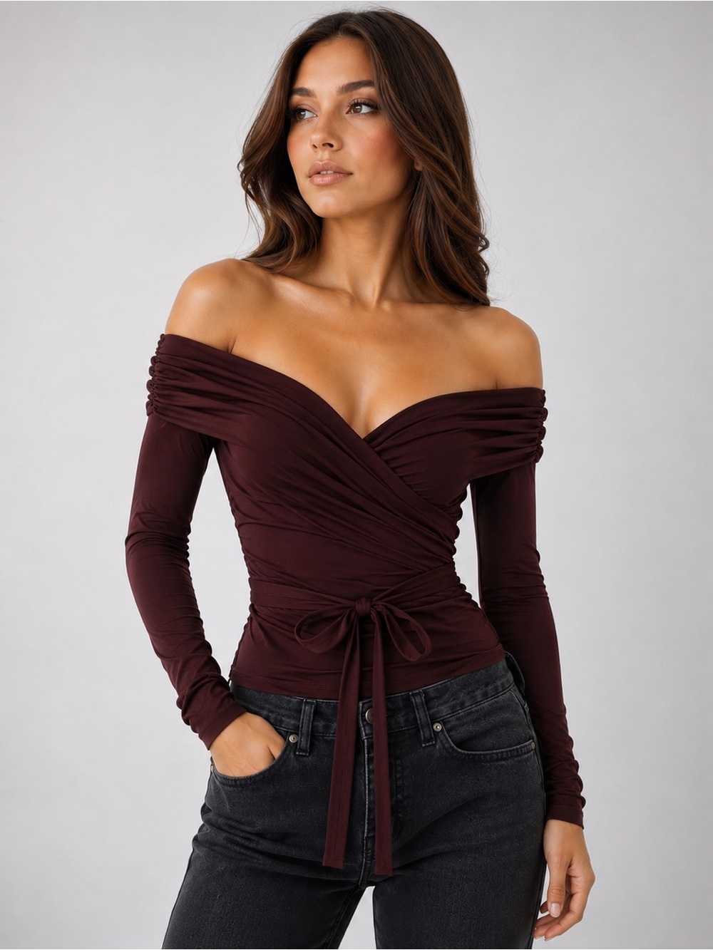 NWT Express Off The Shoulder Wrap Long Sleeve Ruched Top